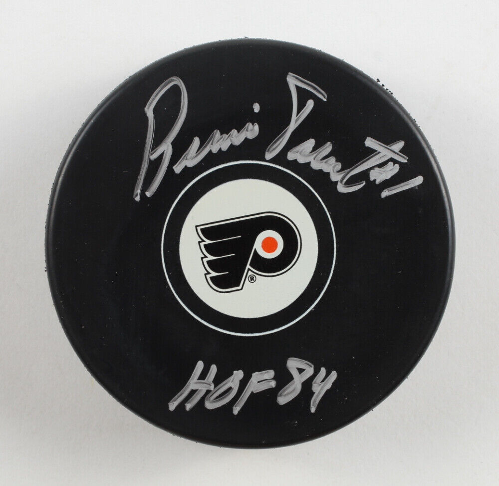 Bernie Parent Signed Philadelphia Flyers Puck Inscribed HOF 84 Stacks of Plaques
