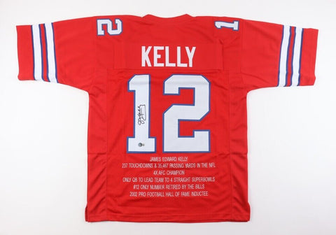 Jim Kelly Signed Buffalo Bills Red Career Highlight Stat Jersey (Beckett) HOF QB