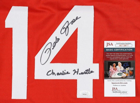Pete Rose Signed Cincinnati Reds Red Jersey Inscribed "Charlie Hustle" (JSA COA)