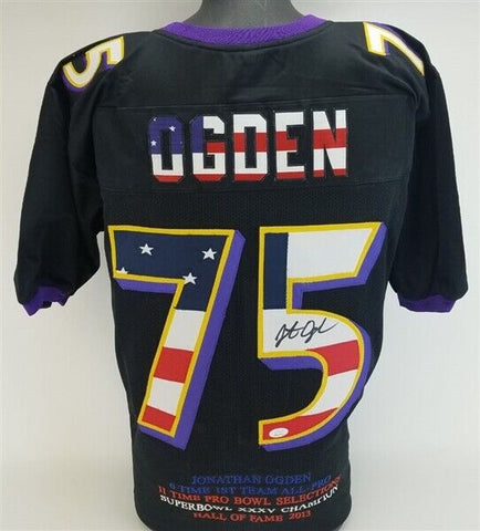 Jonathan Ogden Signed Baltimore Ravens USA Stat Jersey (JSA COA) Super Bowl XXXV