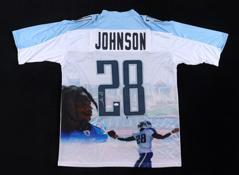 Chris Johnson Signed Tennessee Titans Photo Jersey (JSA COA) 3×Pro Bowl R.B.