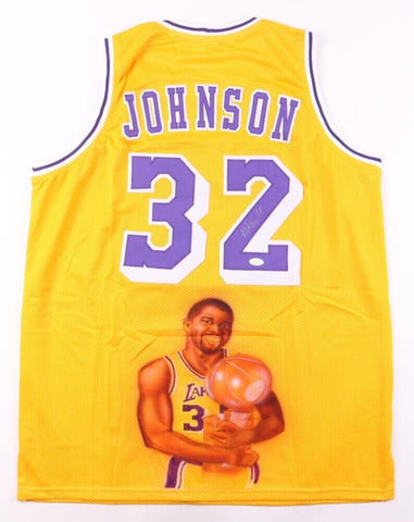 Magic Johnson Signed Los Angeles Lakers Photo Jersey (JSA COA) 5xNBA Champion