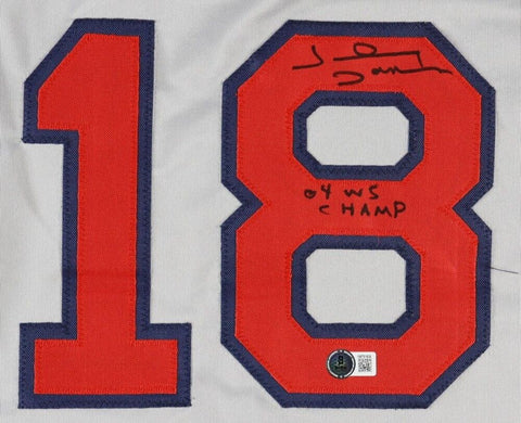 Johnny Damon Signed Boston Red Sox Jersey Inscribed "04 WS Champs" (Beckett) OF