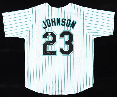 Charles Johnson Signed Miami Marlins Jersey Inscribed "97 WS Champs" (JSA COA)