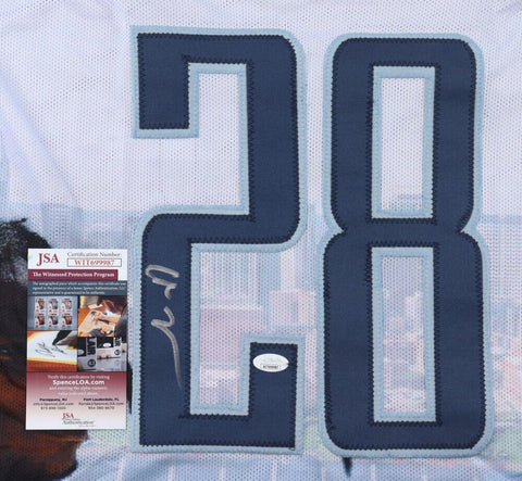 Chris Johnson Signed Tennessee Titans Photo Jersey (JSA COA) 3×Pro Bowl R.B.