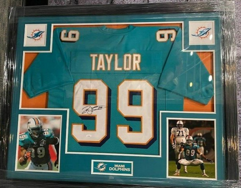 Jason Taylor Signed Miami Dolphins 35"x43" Framed Jersey (JSA COA)