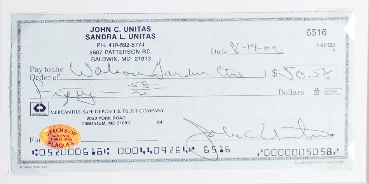 Johnny Unitas Signed Check In 14×18 Matted Display (SOP COA) Baltimore Colts Q.B