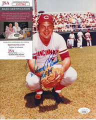Johnny Bench Signed Cincinnati Reds 8x10 Photo (JSA COA) 2xN.L. MVP 1970 & 1972