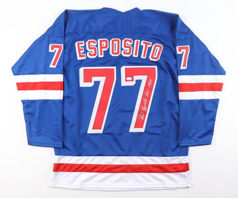 Phil Esposito Signed New York Rangers Blue Jersey Inscribed "HOF 1984" (JSA COA)