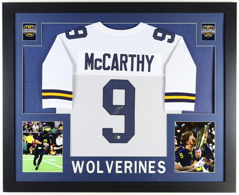 J.J. McCarthy Signed Michigan Wolverines 35x43 Framed Jersey (Beckett) 2023 Q.B.