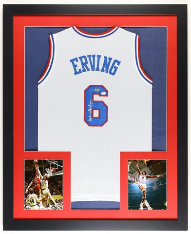 Julius Erving AKA "DR J" Signed Philadelphia 76ers 35"x 43" Framed Jersey (JSA)