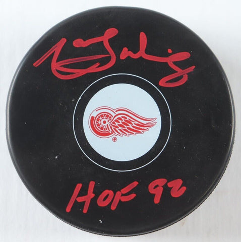 Marcel Dionne Signed Detroit Red Wings Logo Puck Inscribed "HOF 92" (JSA COA)