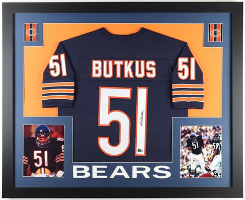 Dick Butkus Signed Chicago Bears 35x43 Framed Jersey (Beckett) 8×Pro Bowl LB