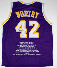 James Worthy Signed Los Angeles Lakers Career Stat Jersey (Beckett) 3xNBA Champ