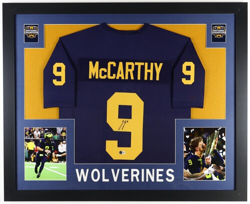 J.J. McCarthy Signed Michigan Wolverines 35x43 Framed Jersey (Beckett) 2023 Q.B.