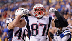 Rob Gronkowski Signed Patriots 35"x43" Framed Jersey (JSA) 4xSuper Bowl Champion