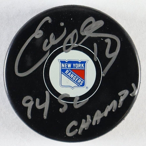 Eddie Olczyk Signed New York Rangers Logo Puck Inscribed "94 SC Champs"(JSA COA)