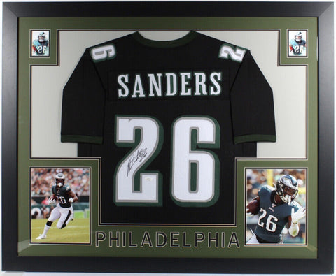 Miles Sanders Signed Eagles 35x43 Framed Jersey (JSA COA) Former Penn State R.B.
