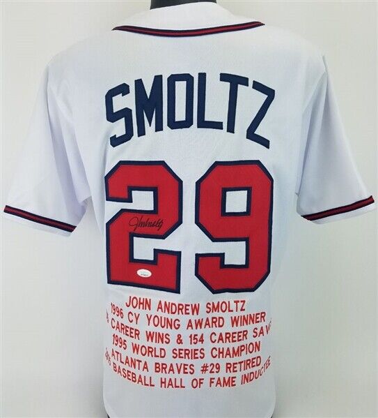 John Smoltz Signed Atlanta Braves Career Stat Jersey (JSA COA) 8xAll S –