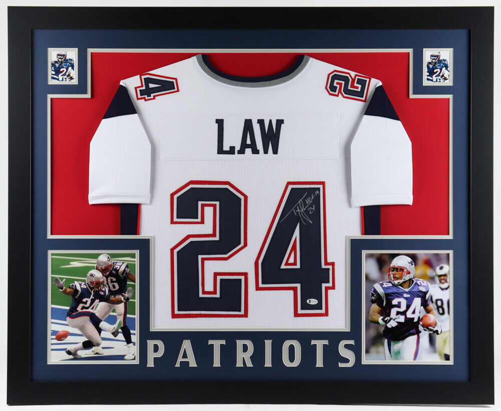 Ty Law Signed Patriots 35x 43 Framed Jersey (Beckett COA) 3xSuper Bo –
