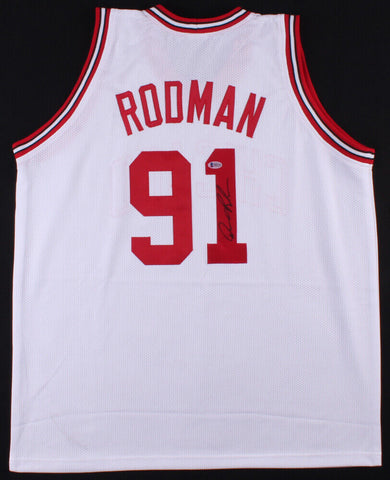 Dennis Rodman Signed Chicago Bulls White Jersey (Beckett COA) 5xNBA Champion