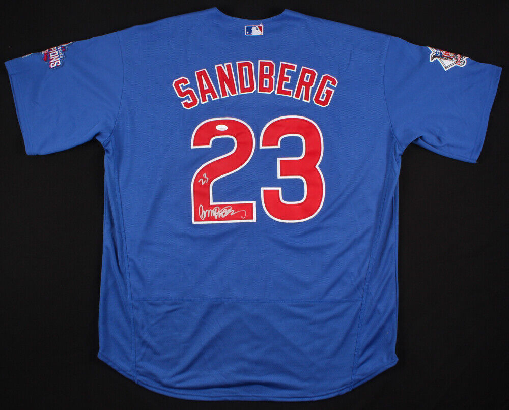 Ryne Sandberg Signed Chicago Cubs Custom Jersey with World Champ