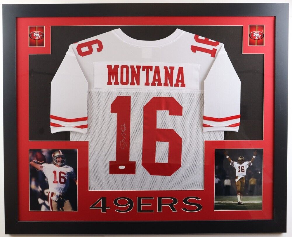 Joe Montana Signed San Francisco 49es 35x43 Framed Jersey (JSA) 3xSupe –