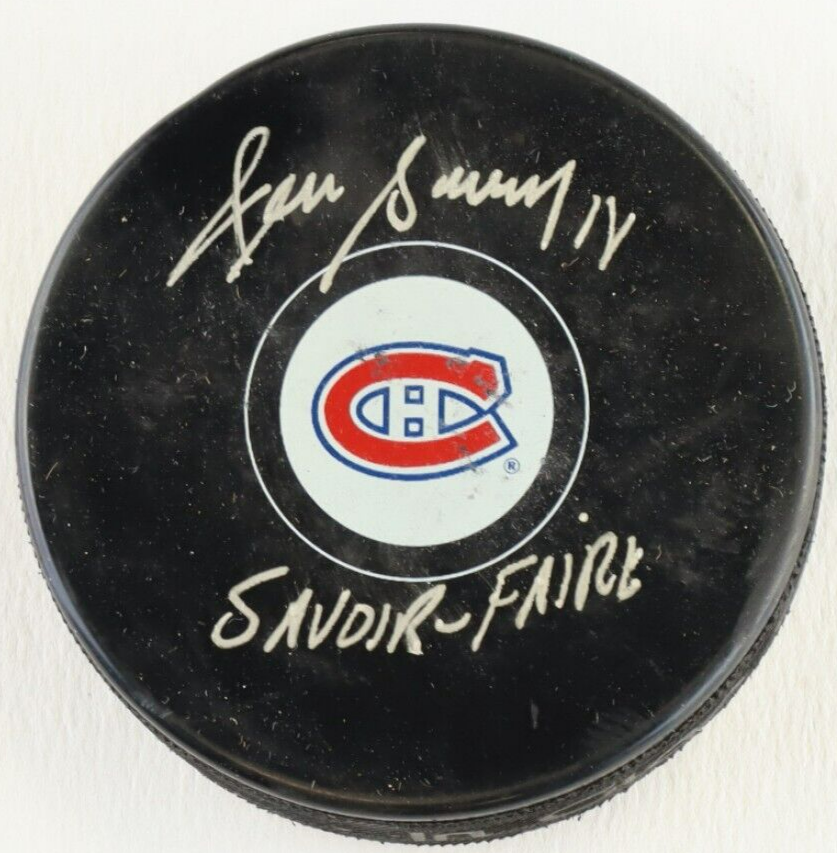 Denis Savard Signed Canadiens Logo Hockey Puck Inscribed "Savoir-Faire" Schwartz