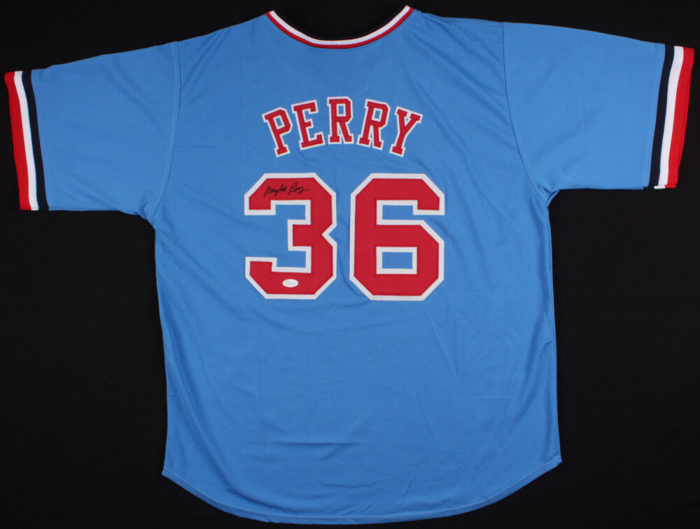 Gaylord Perry Signed Texas Rangers Blue Jersey (JSA COA) 2xCy Young Aw –