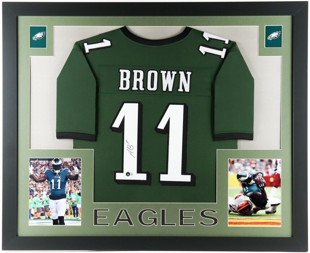 A J Brown Signed Philadelphia Eagles 35x43 Framed Jersey (Beckett) A –