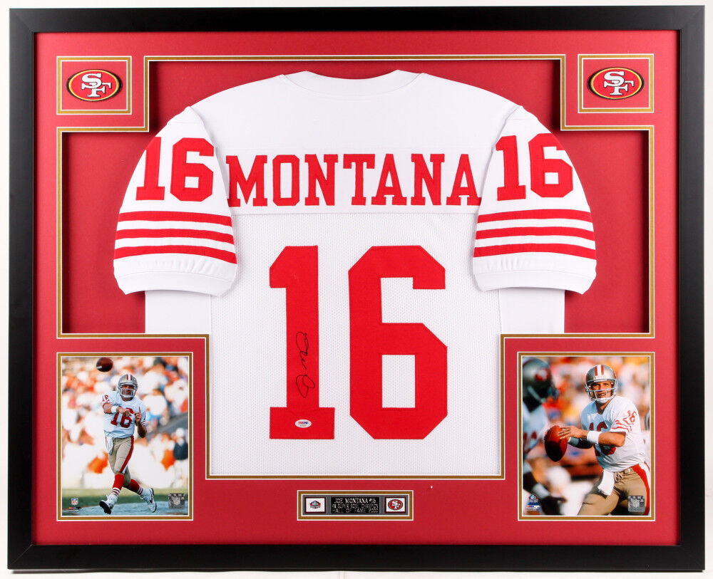Joe Montana Signed San Francisco 49ers 35x43 Framed Jersey Display (PS –