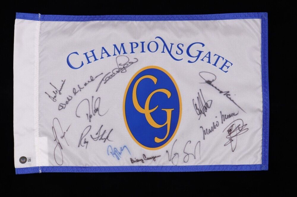 Champions Gate Pin Flag Signed by 13 incl Casper, Miller, Singh, Floyd, Charles