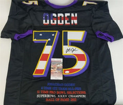 Jonathan Ogden Signed Baltimore Ravens USA Flag Custom Stat Jersey (JSA COA)