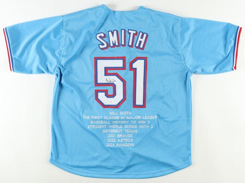 Will Smith Signed Texas Rangers Career Stat Jersey (JSA) 2023 World Series Champ