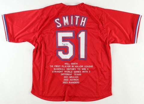 Will Smith Signed Texas Rangers Career Stat Jersey (JSA) 3xWorld Series Champion