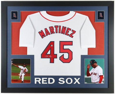 Pedro Martinez Signed Boston Red Sox 35 x 43 Framed Jersey (Beckett) 3xCy Young