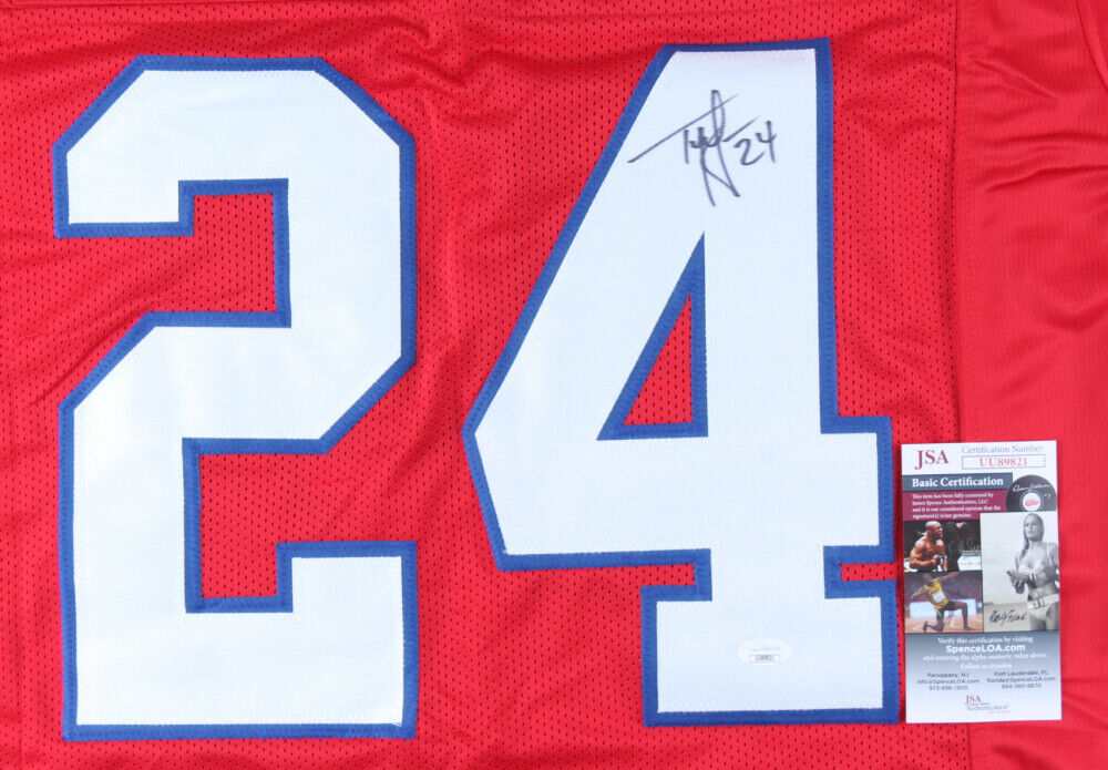 Ty Law Signed New England Patriots Red Jersey (JSA COA) 3xSuper Bowl Champion