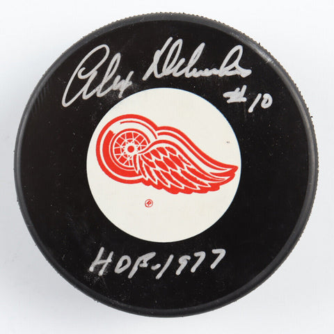Alex Delvecchio Signed Detroit Red Wings Logo Puck Inscrbd "HOF 1977" (JSA COA)