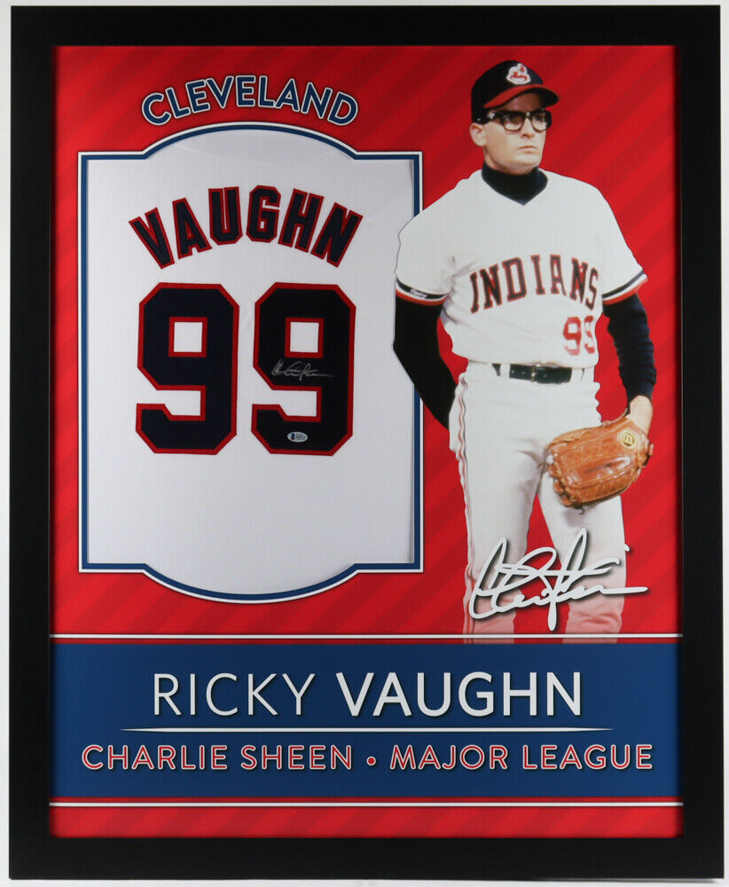 Charlie Sheen Signed Major League 35x43 Framed Indians Jersey (Becke –