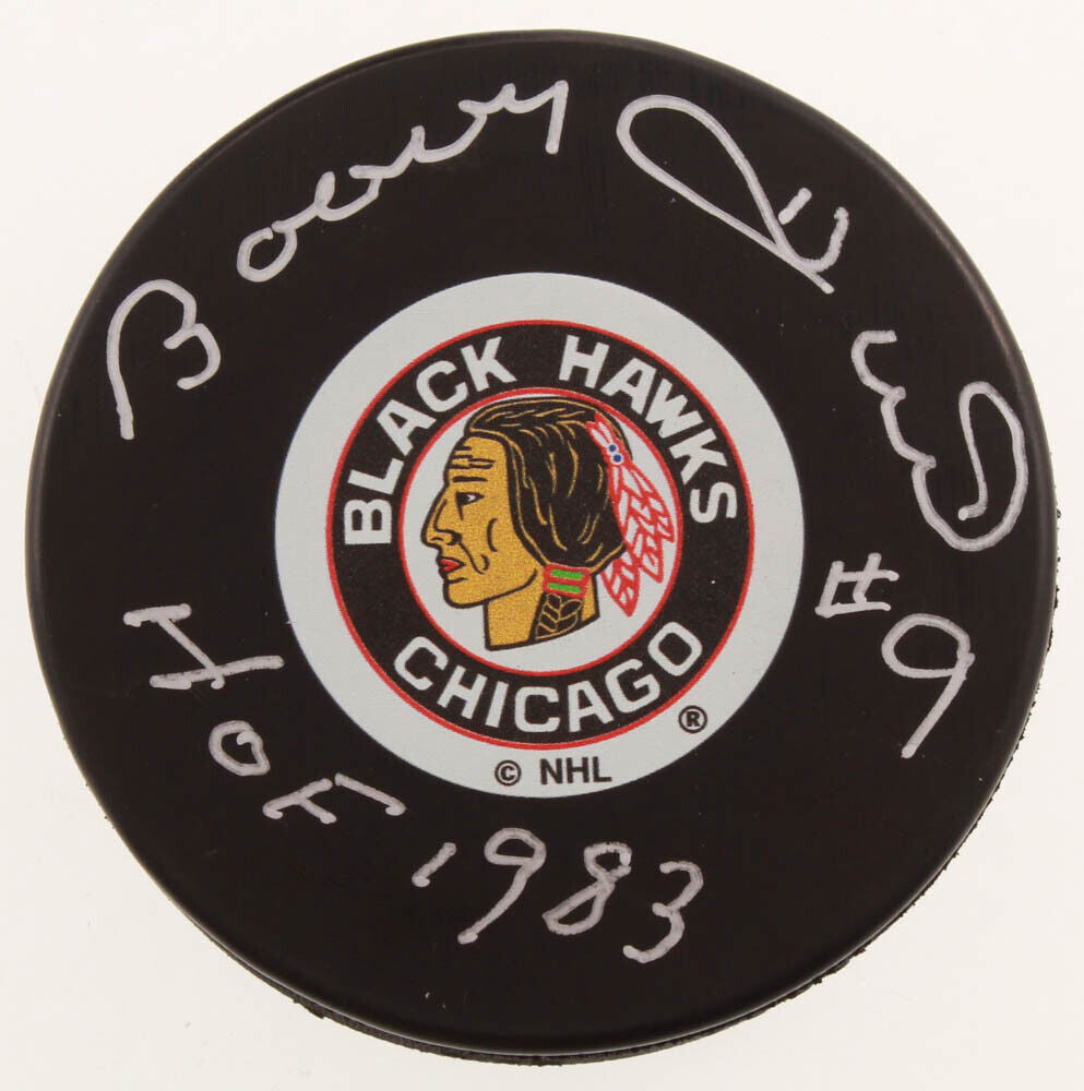 Bobby Hull Signed Blackhawks Logo Hockey Puck Inscribed "HOF 1983" (JSA COA)