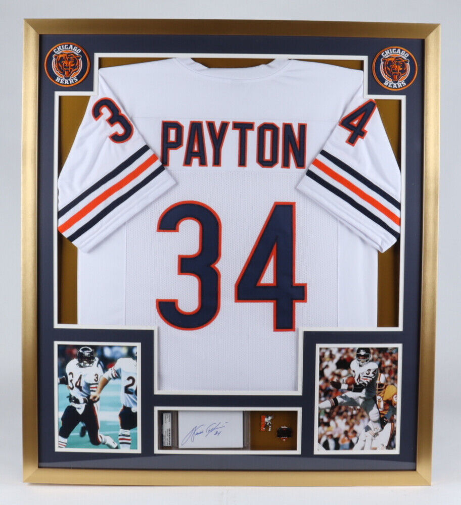 Walter Payton Signed 32x36 Custom Framed Cut Display wi/ Jersey & Bear –