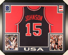 Magic Johnson Signed USA "Dream Team" 35 x 43 Custom Framed Jersey (JSA COA)