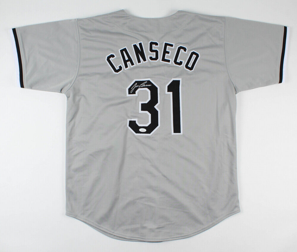 Autographed/Signed Jose Canseco Oakland Grey Baseball Jersey JSA COA