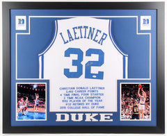 Christian Laettner Signed Duke Blue Devils 35x43 Framed Career Stat Jersey (JSA)