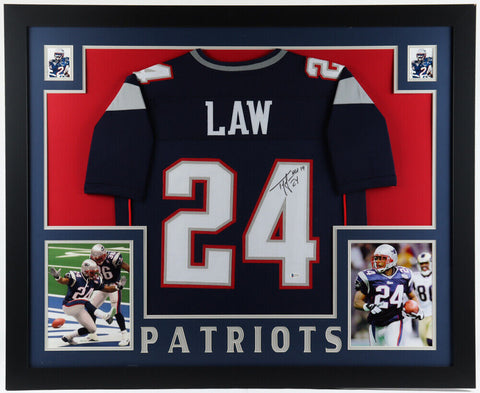 Ty Law Signed Patriots 35"x 43" Framed Jersey (Beckett COA) 3xSuper Bowl Champ