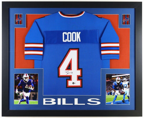 James Cook Signed 35x43 Framed Buffalo Bills Jersey (Beckett)2nd Year Uniform #4
