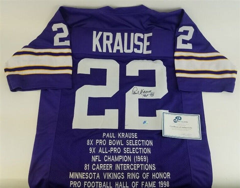 Paul Krause Signed Minnesota Vikings Career Hilite Stat Jersey (Pro Player COA)