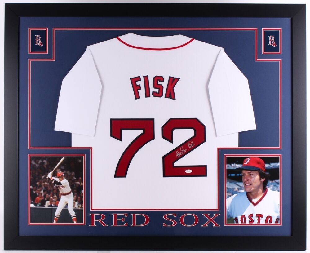 Carlton Fisk Signed Red Sox 35x43 Custom Framed Jersey (JSA) AL 1972 R –
