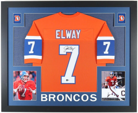 John Elway Signed 35x43 Framed Denver Broncos Jersey (Beckett 2xSuper Bowl Champ