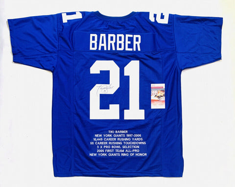 Tiki Barber Signed New York Giants Career Highlight Stat Jersey (JSA COA) R.B.